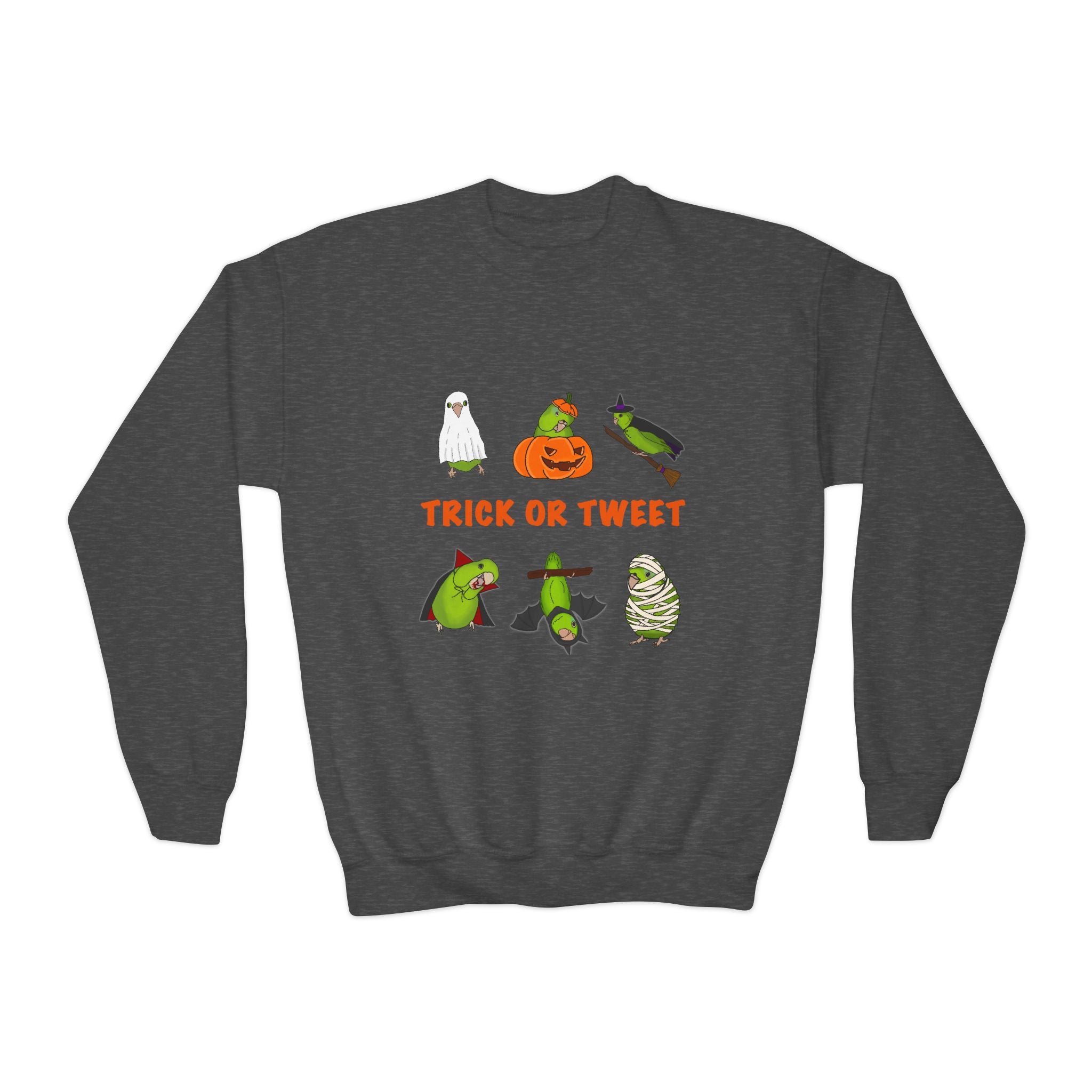 Trick or Tweet Parrotlet : KIDS Halloween Crewneck Sweatshirt, Trick or Treat Sweater, Cute Kids Halloween Apparel, Bird Lover, Spooky Season Clothing