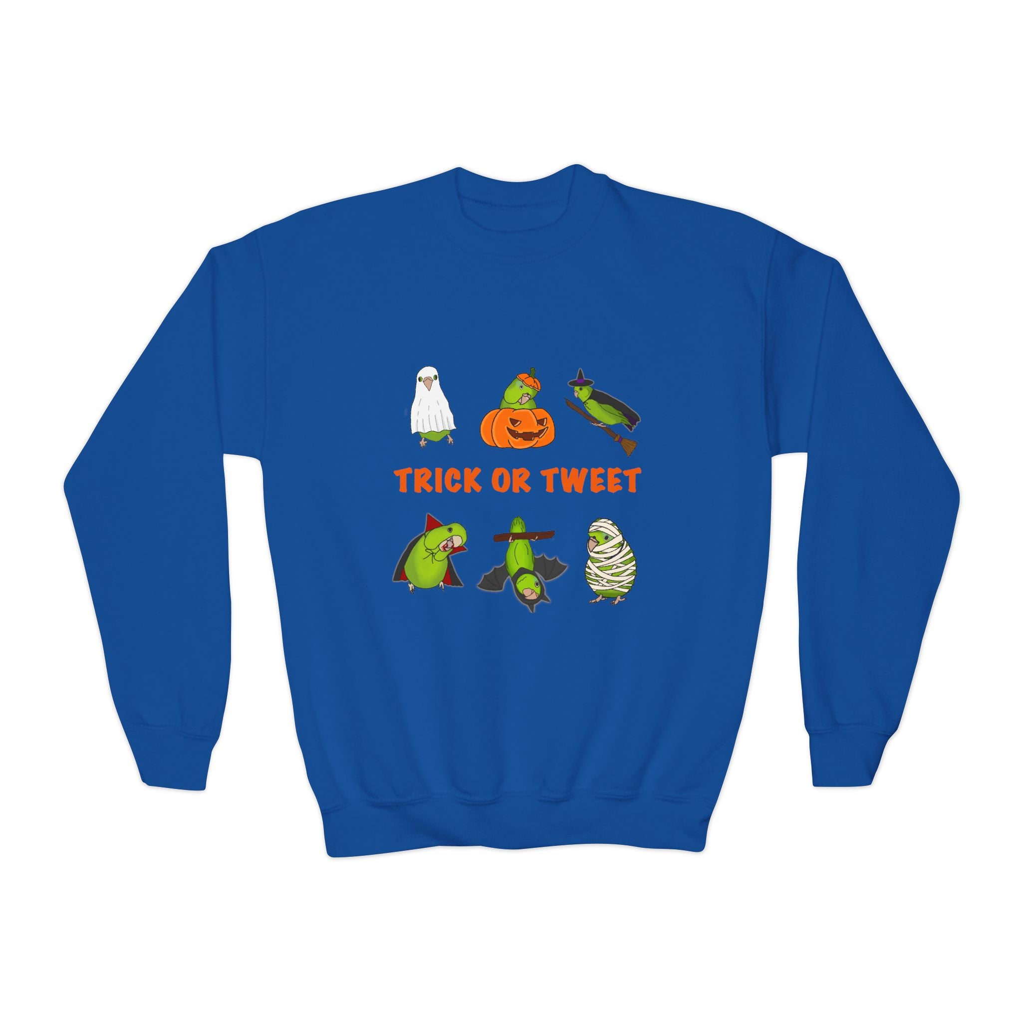 Trick or Tweet Parrotlet : KIDS Halloween Crewneck Sweatshirt, Trick or Treat Sweater, Cute Kids Halloween Apparel, Bird Lover, Spooky Season Clothing