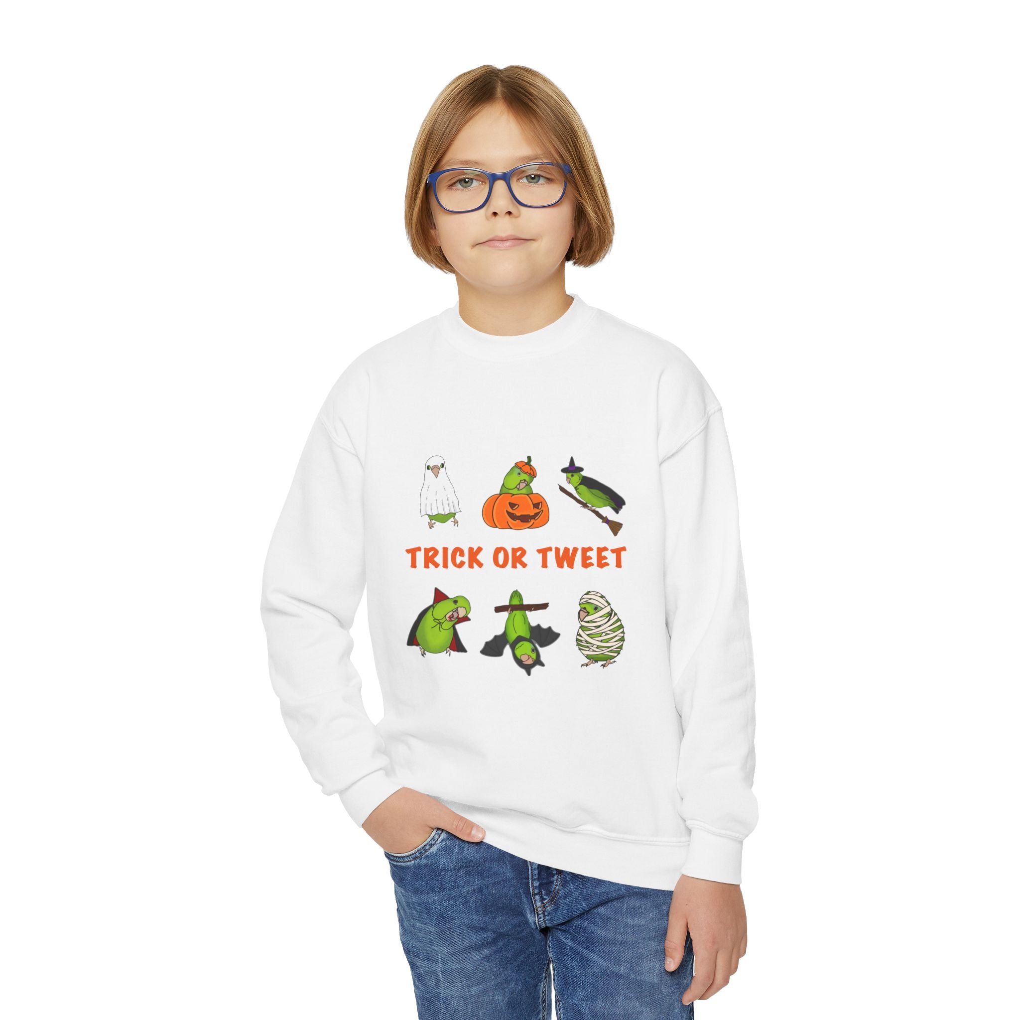 Trick or Tweet Parrotlet : KIDS Halloween Crewneck Sweatshirt, Trick or Treat Sweater, Cute Kids Halloween Apparel, Bird Lover, Spooky Season Clothing