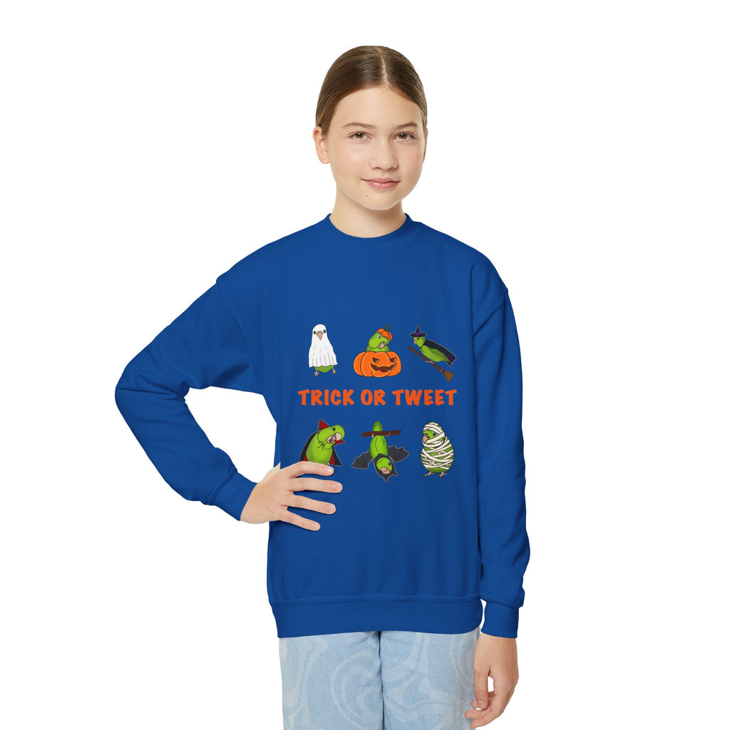 Trick or Tweet Parrotlet : KIDS Halloween Crewneck Sweatshirt, Trick or Treat Sweater, Cute Kids Halloween Apparel, Bird Lover, Spooky Season Clothing
