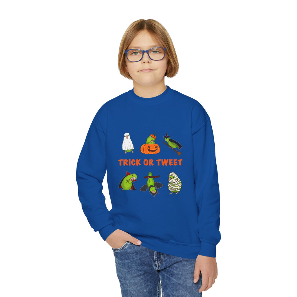 Trick or Tweet Parrotlet : KIDS Halloween Crewneck Sweatshirt, Trick or Treat Sweater, Cute Kids Halloween Apparel, Bird Lover, Spooky Season Clothing