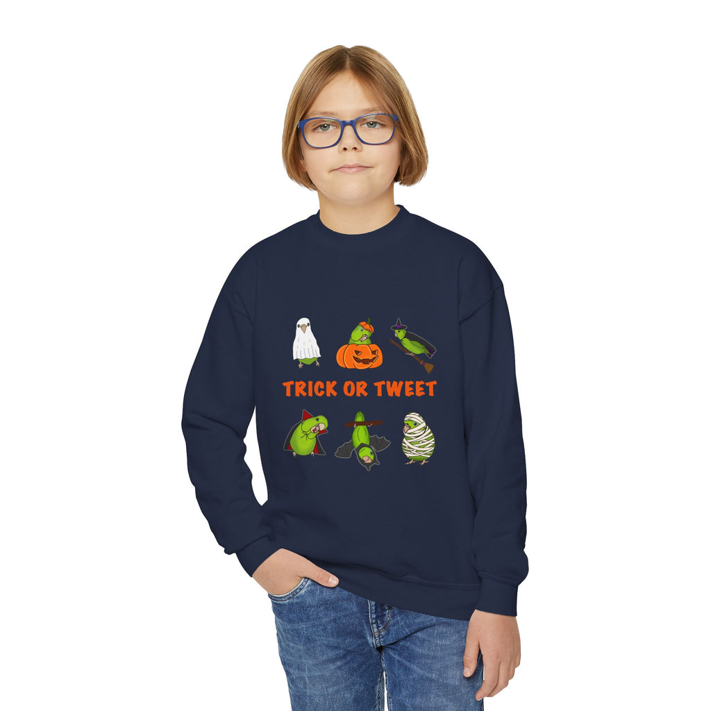 Trick or Tweet Parrotlet : KIDS Halloween Crewneck Sweatshirt, Trick or Treat Sweater, Cute Kids Halloween Apparel, Bird Lover, Spooky Season Clothing
