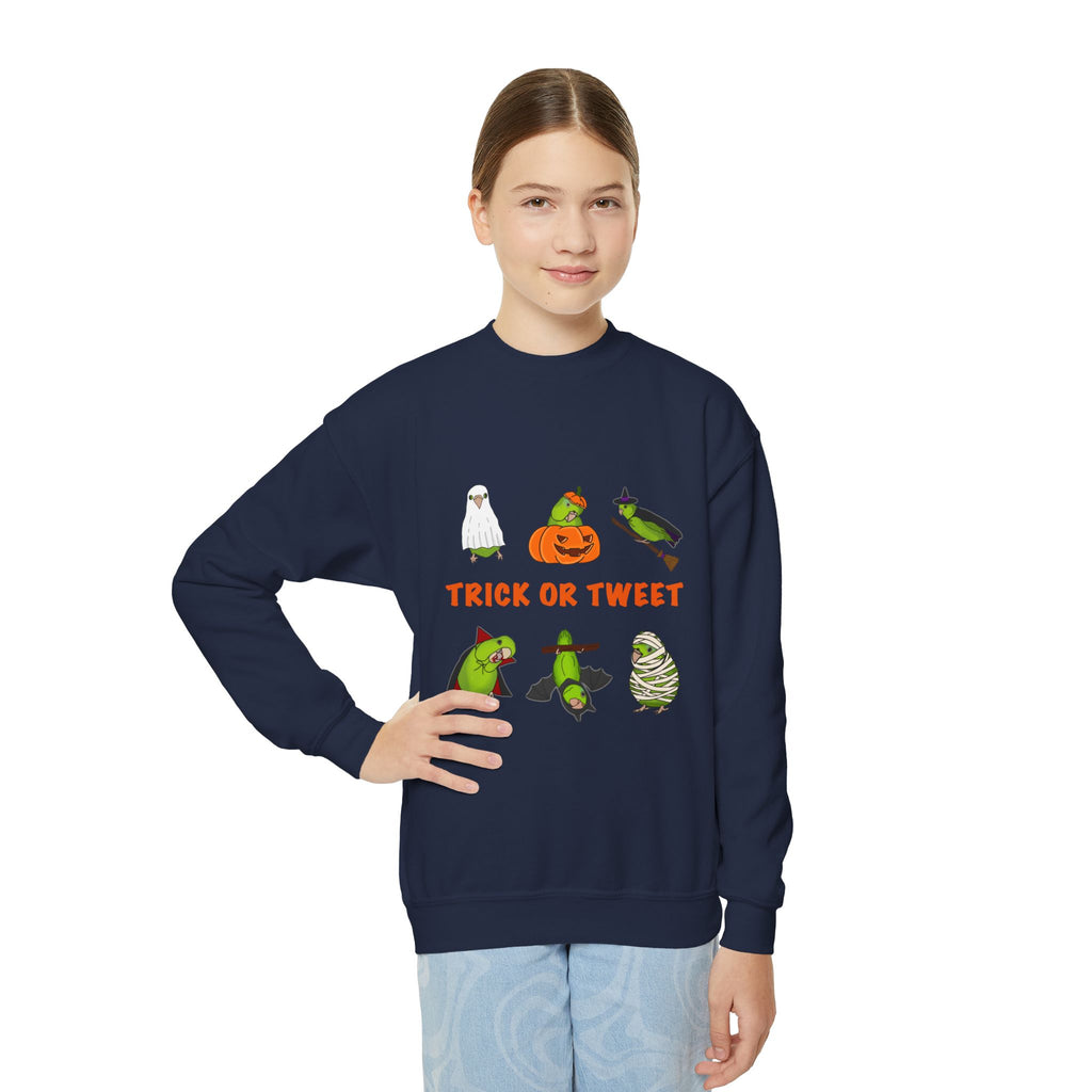 Trick or Tweet Parrotlet : KIDS Halloween Crewneck Sweatshirt, Trick or Treat Sweater, Cute Kids Halloween Apparel, Bird Lover, Spooky Season Clothing