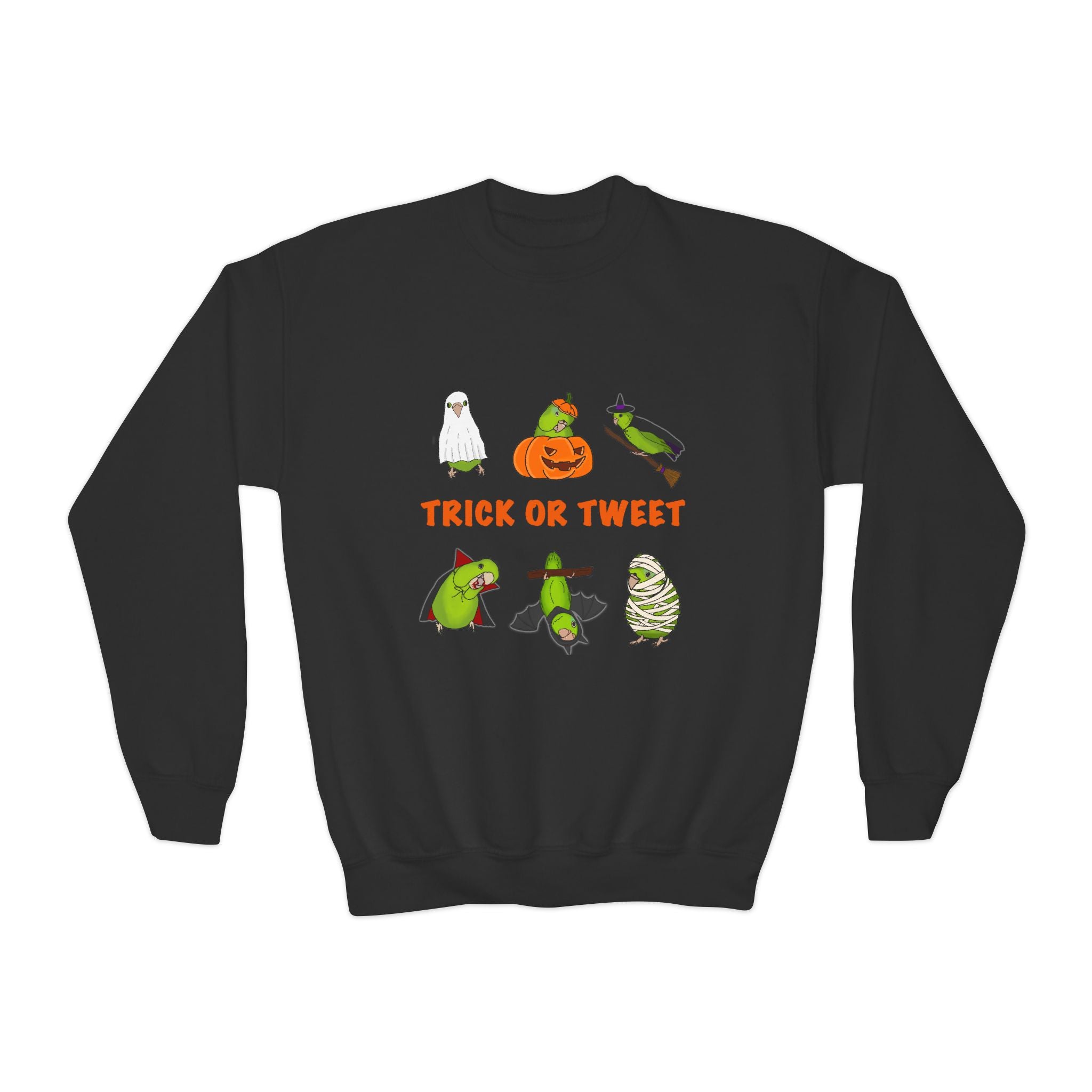 Trick or Tweet Parrotlet : KIDS Halloween Crewneck Sweatshirt, Trick or Treat Sweater, Cute Kids Halloween Apparel, Bird Lover, Spooky Season Clothing