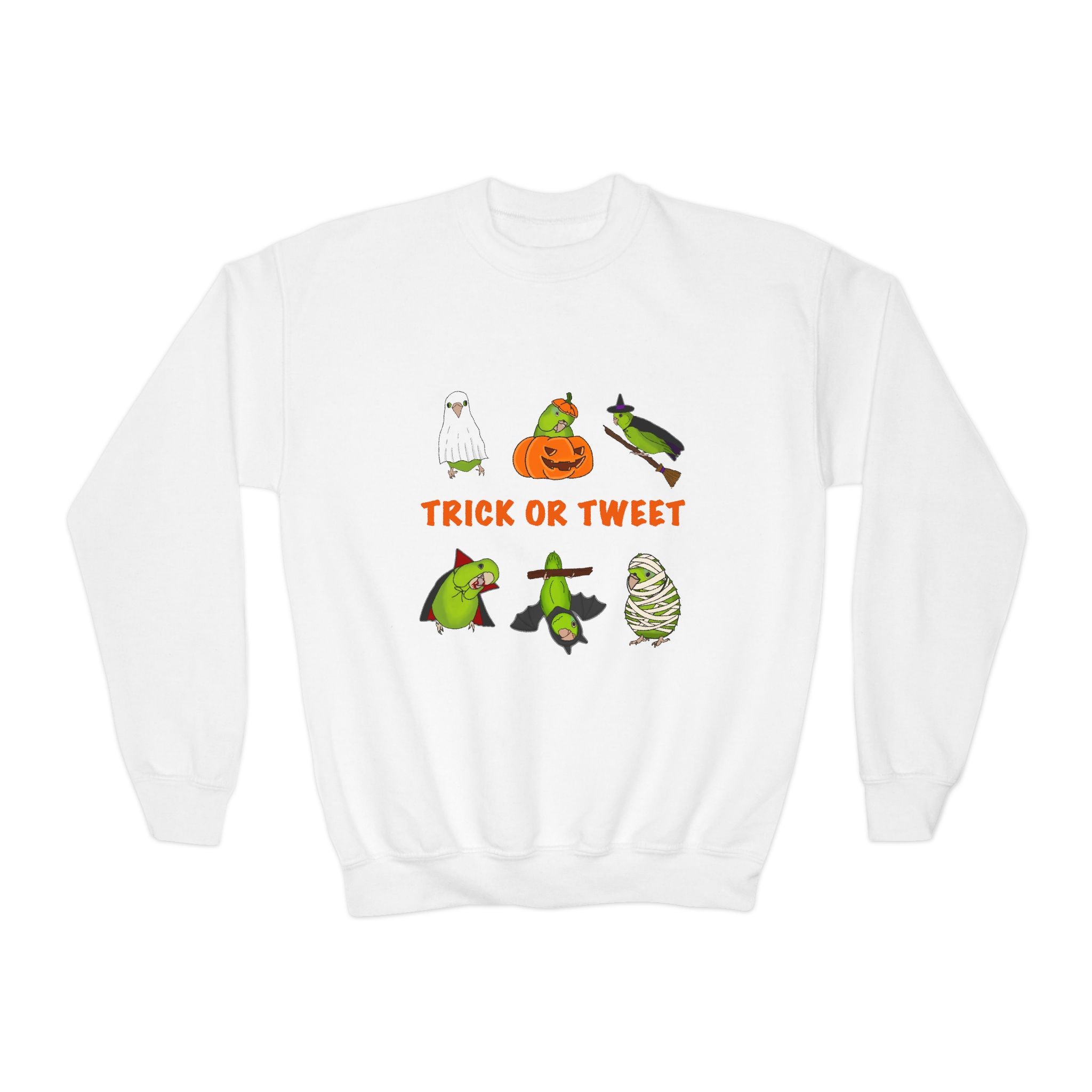 Trick or Tweet Parrotlet : KIDS Halloween Crewneck Sweatshirt, Trick or Treat Sweater, Cute Kids Halloween Apparel, Bird Lover, Spooky Season Clothing
