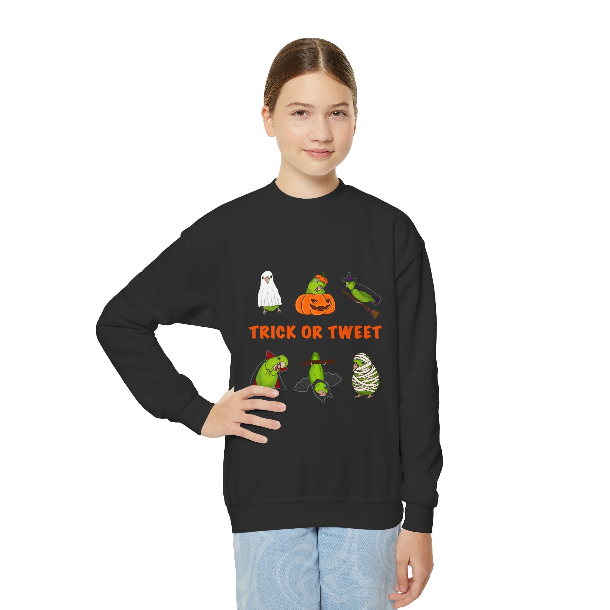 Trick or Tweet Parrotlet : KIDS Halloween Crewneck Sweatshirt, Trick or Treat Sweater, Cute Kids Halloween Apparel, Bird Lover, Spooky Season Clothing